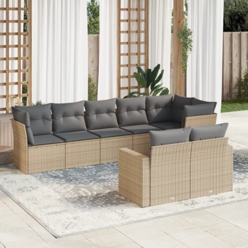 8-Piece Garden Sofa Set with Cushions Beige Poly Rattan Wicker Outdoor Patio Furniture - Image 2