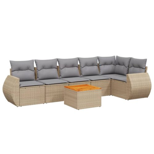 7-Piece Garden Sofa Set with Cushions Beige Poly Rattan Wicker Outdoor Patio Furniture