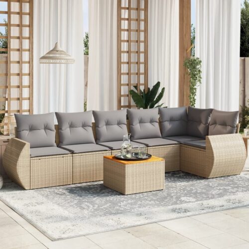 7-Piece Garden Sofa Set with Cushions Beige Poly Rattan Wicker Outdoor Patio Furniture - Image 2