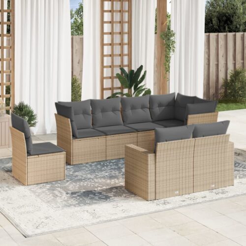 8-Piece Garden Sofa Set with Cushions Beige Poly Rattan Wicker Outdoor Patio Furniture - Image 2