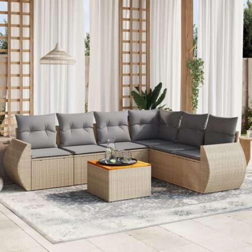 7-Piece Garden Sofa Set with Cushions Beige Poly Rattan Wicker Outdoor Patio Furniture - Image 2