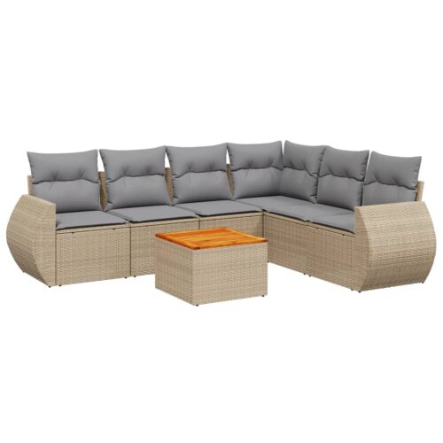 7-Piece Garden Sofa Set with Cushions Beige Poly Rattan Wicker Outdoor Patio Furniture - Image 5