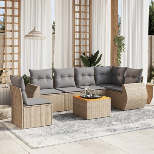 7-Piece Garden Sofa Set with Cushions Beige Poly Rattan Wicker Outdoor Patio Furniture - Image 2