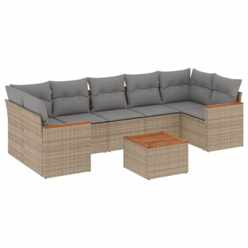 8-Piece Garden Sofa Set with Cushions Beige Poly Rattan Wicker Outdoor Patio Furniture - Image 5
