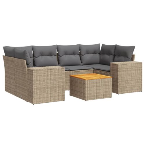 7-Piece Garden Sofa Set with Cushions Beige Poly Rattan Wicker Outdoor Patio Furniture - Image 5