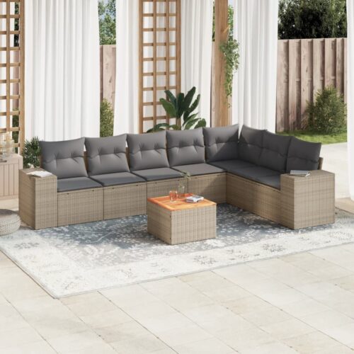 8-Piece Garden Sofa Set with Cushions Beige Poly Rattan Wicker Outdoor Patio Furniture - Image 2