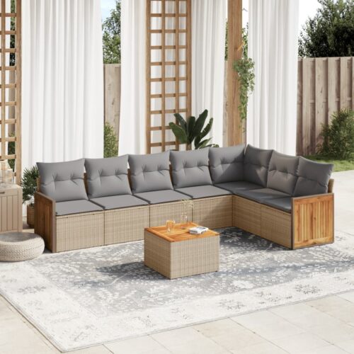 8-Piece Garden Sofa Set with Cushions Beige Poly Rattan Wicker Outdoor Patio Furniture - Image 2