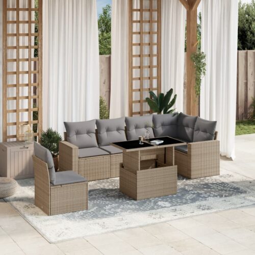 7-Piece Garden Sofa Set with Cushions Beige Poly Rattan Wicker Outdoor Patio Furniture - Image 2