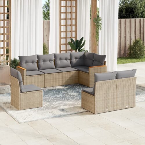 8-Piece Garden Sofa Set with Cushions Beige Poly Rattan Wicker Outdoor Patio Furniture - Image 2
