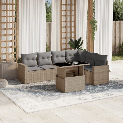 7-Piece Garden Sofa Set with Cushions Beige Poly Rattan Wicker Outdoor Patio Furniture - Image 2