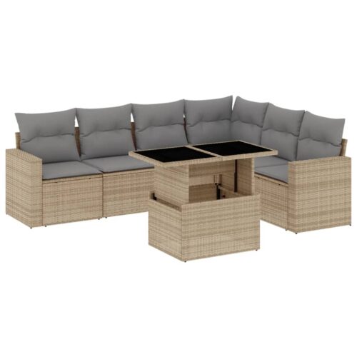 7-Piece Garden Sofa Set with Cushions Beige Poly Rattan Wicker Outdoor Patio Furniture - Image 13