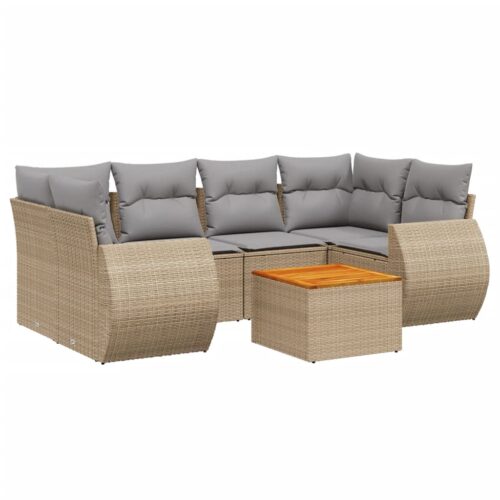 7-Piece Garden Sofa Set with Cushions Beige Poly Rattan Wicker Outdoor Patio Furniture