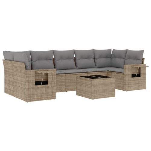 8-Piece Garden Sofa Set with Cushions Beige Poly Rattan Wicker Outdoor Patio Furniture
