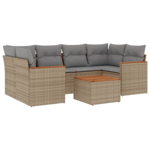 7-Piece Garden Sofa Set with Cushions Beige Poly Rattan Wicker Outdoor Patio Furniture - Image 5