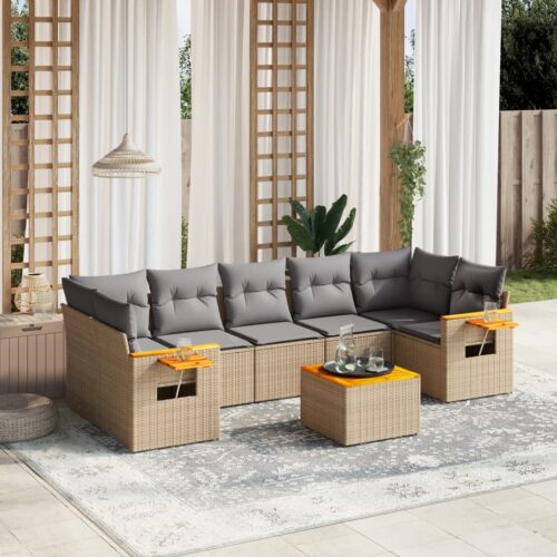 8-Piece Garden Sofa Set with Cushions Beige Poly Rattan Wicker Outdoor Patio Furniture - Image 2