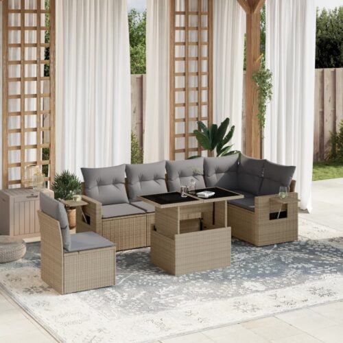 7-Piece Garden Sofa Set with Cushions Beige Poly Rattan Wicker Outdoor Patio Furniture - Image 2
