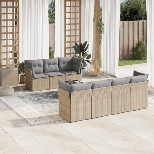8-Piece Garden Sofa Set with Cushions Beige Poly Rattan Wicker Outdoor Patio Furniture - Image 2