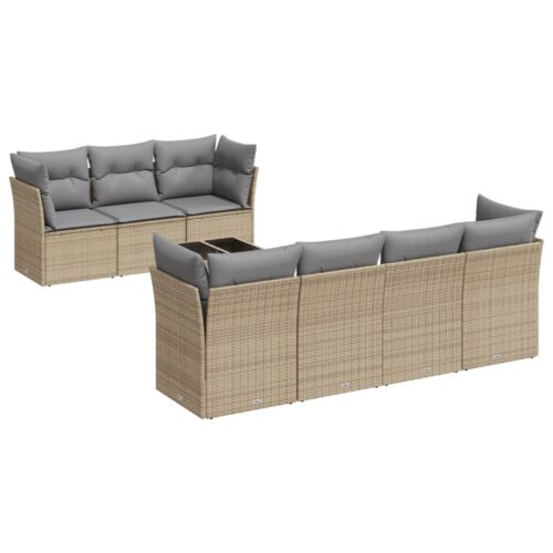 8-Piece Garden Sofa Set with Cushions Beige Poly Rattan Wicker Outdoor Patio Furniture - Image 5