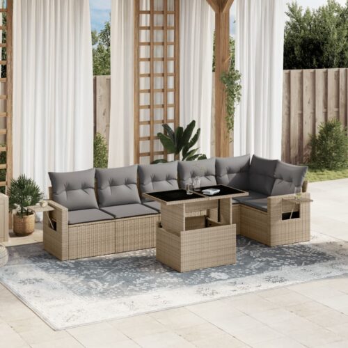 7-Piece Garden Sofa Set with Cushions Beige Poly Rattan Wicker Outdoor Patio Furniture - Image 2