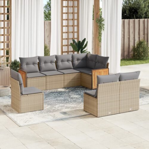 8-Piece Garden Sofa Set with Cushions Beige Poly Rattan Wicker Outdoor Patio Furniture - Image 2
