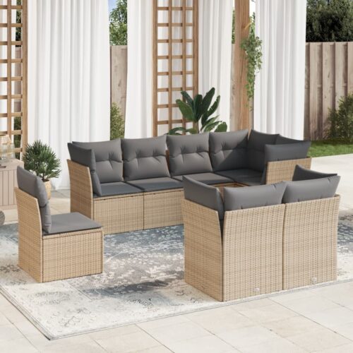 8-Piece Garden Sofa Set with Cushions Beige Poly Rattan Wicker Outdoor Patio Furniture - Image 2