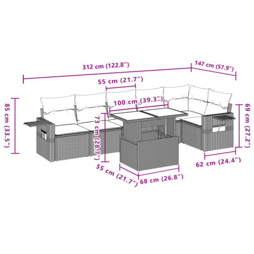 7-Piece Garden Sofa Set with Cushions Beige Poly Rattan Wicker Outdoor Patio Furniture - Image 11