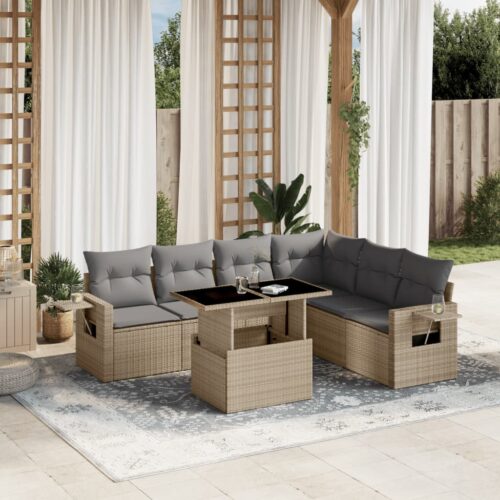 7-Piece Garden Sofa Set with Cushions Beige Poly Rattan Wicker Outdoor Patio Furniture - Image 2