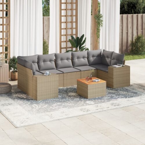 8-Piece Garden Sofa Set with Cushions Beige Poly Rattan Wicker Outdoor Patio Furniture - Image 2