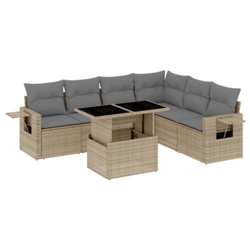 7-Piece Garden Sofa Set with Cushions Beige Poly Rattan Wicker Outdoor Patio Furniture - Image 13