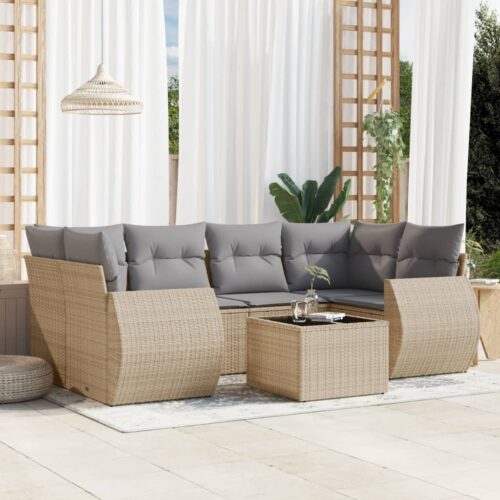7-Piece Garden Sofa Set with Cushions Beige Poly Rattan Wicker Outdoor Patio Furniture - Image 2