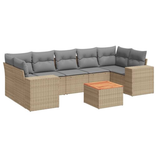 8-Piece Garden Sofa Set with Cushions Beige Poly Rattan Wicker Outdoor Patio Furniture - Image 5