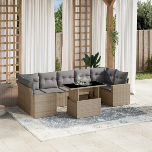 8-Piece Garden Sofa Set with Cushions Beige Poly Rattan Wicker Outdoor Patio Furniture - Image 2