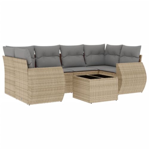7-Piece Garden Sofa Set with Cushions Beige Poly Rattan Wicker Outdoor Patio Furniture - Image 14