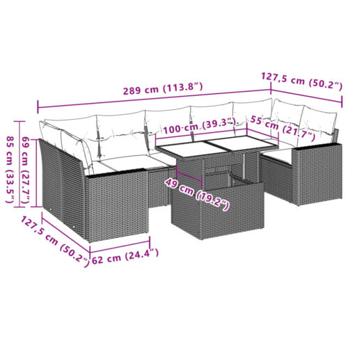 8-Piece Garden Sofa Set with Cushions Beige Poly Rattan Wicker Outdoor Patio Furniture - Image 10