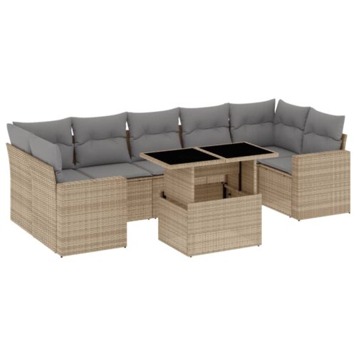 8-Piece Garden Sofa Set with Cushions Beige Poly Rattan Wicker Outdoor Patio Furniture - Image 13