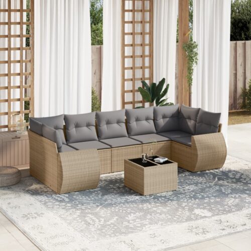 8-Piece Garden Sofa Set with Cushions Beige Poly Rattan Wicker Outdoor Patio Furniture - Image 2