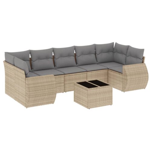 8-Piece Garden Sofa Set with Cushions Beige Poly Rattan Wicker Outdoor Patio Furniture - Image 5