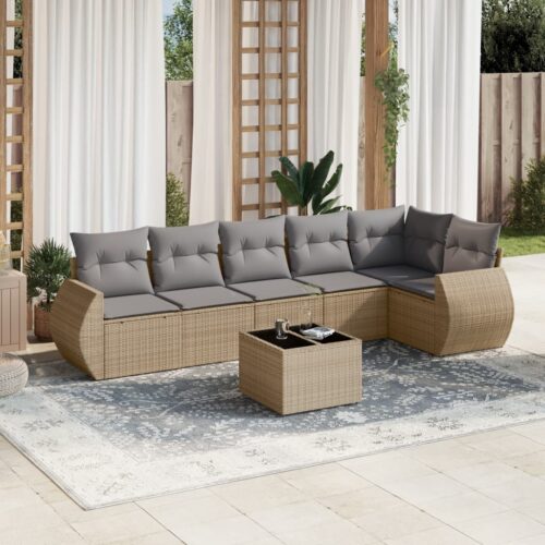 7-Piece Garden Sofa Set with Cushions Beige Poly Rattan Wicker Outdoor Patio Furniture - Image 2