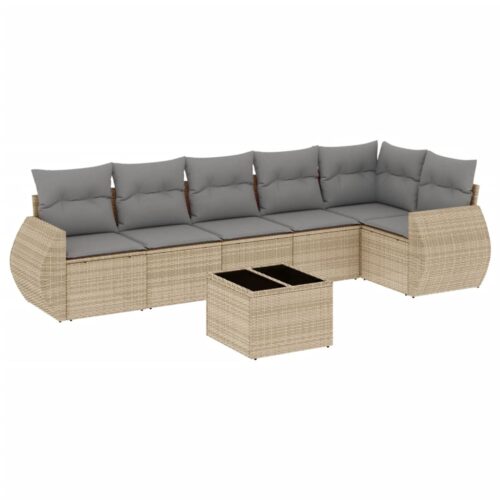 7-Piece Garden Sofa Set with Cushions Beige Poly Rattan Wicker Outdoor Patio Furniture - Image 5