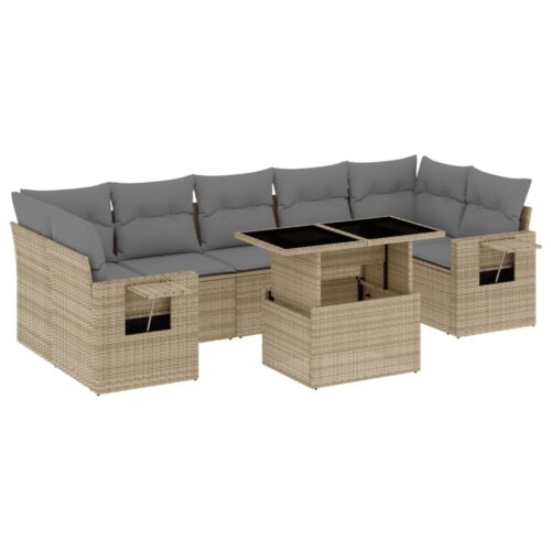 8-Piece Garden Sofa Set with Cushions Beige Poly Rattan Wicker Outdoor Patio Furniture