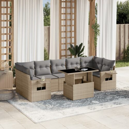 8-Piece Garden Sofa Set with Cushions Beige Poly Rattan Wicker Outdoor Patio Furniture - Image 2