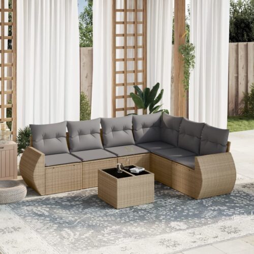 7-Piece Garden Sofa Set with Cushions Beige Poly Rattan Wicker Outdoor Patio Furniture - Image 2