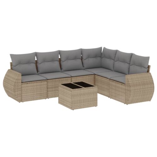 7-Piece Garden Sofa Set with Cushions Beige Poly Rattan Wicker Outdoor Patio Furniture - Image 5