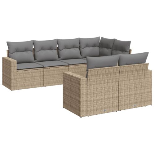 7-Piece Garden Sofa Set with Cushions Beige Poly Rattan Wicker Outdoor Patio Furniture