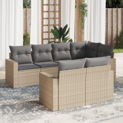 7-Piece Garden Sofa Set with Cushions Beige Poly Rattan Wicker Outdoor Patio Furniture - Image 2