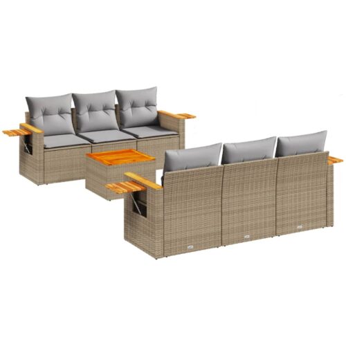 7-Piece Garden Sofa Set with Cushions Beige Poly Rattan Wicker Outdoor Patio Furniture