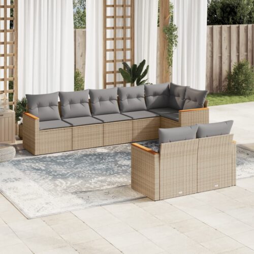 8-Piece Garden Sofa Set with Cushions Beige Poly Rattan Wicker Outdoor Patio Furniture - Image 2