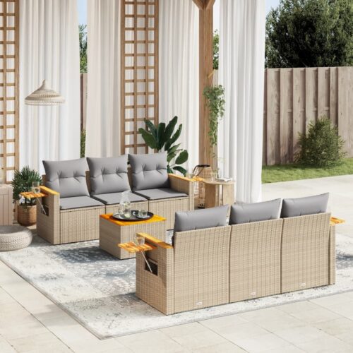 7-Piece Garden Sofa Set with Cushions Beige Poly Rattan Wicker Outdoor Patio Furniture - Image 2