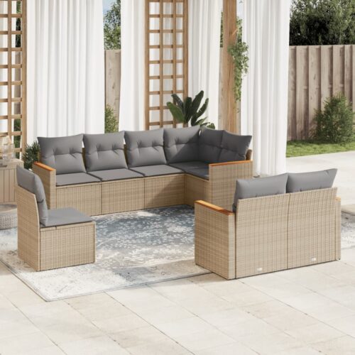 8-Piece Garden Sofa Set with Cushions Beige Poly Rattan Wicker Outdoor Patio Furniture - Image 2
