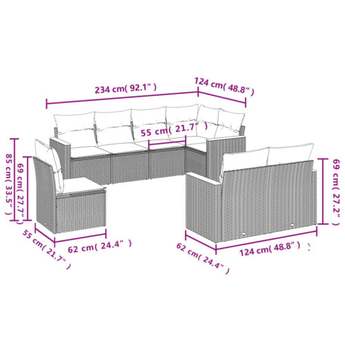 8-Piece Garden Sofa Set with Cushions Beige Poly Rattan Wicker Outdoor Patio Furniture - Image 3